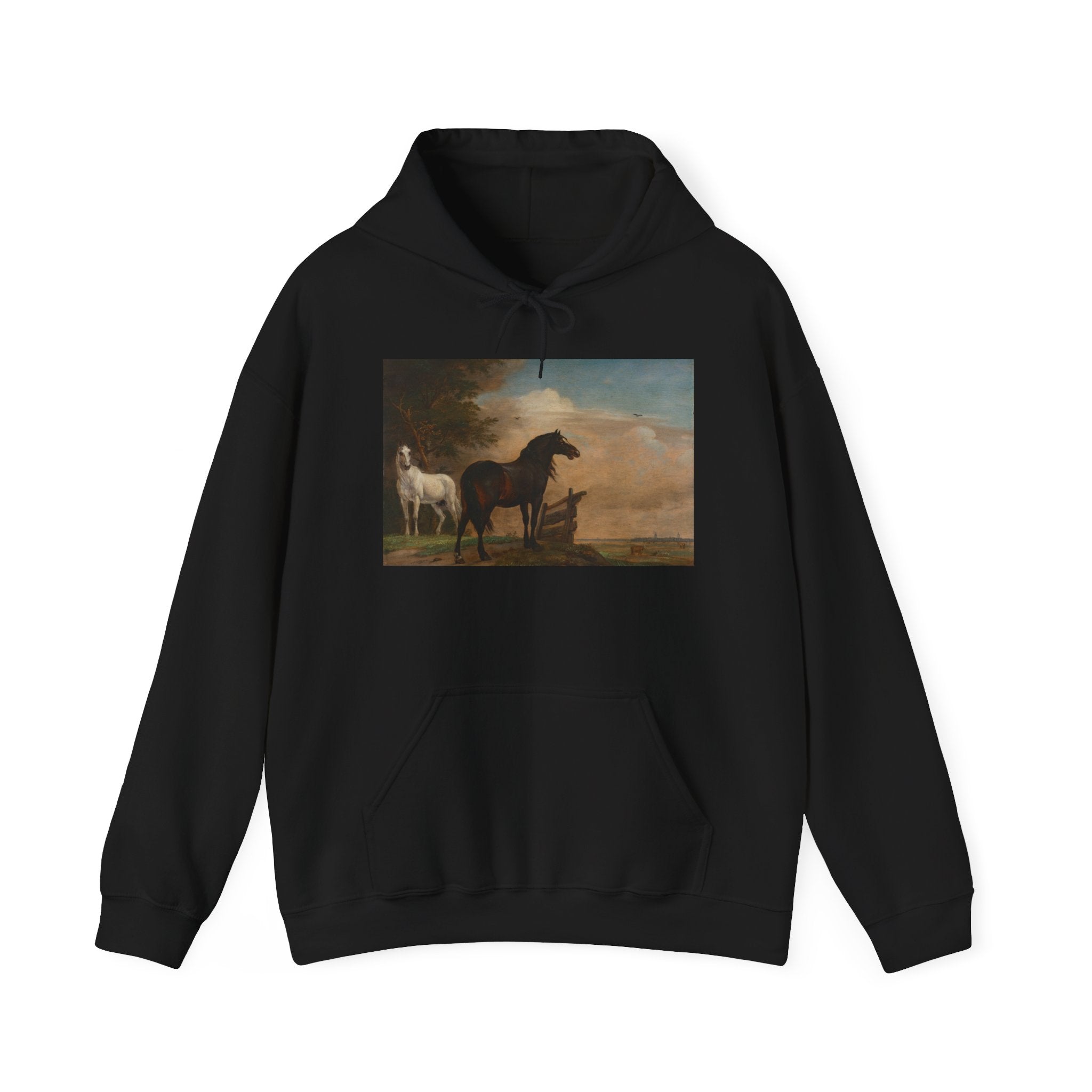 Art Hoodie – Two Horses in a Meadow near a Gate