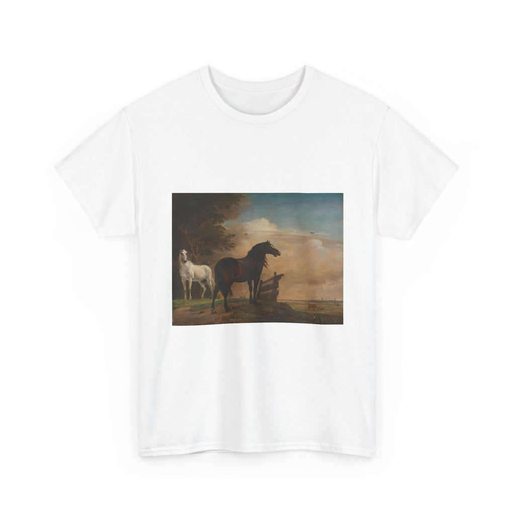 Art Tee – Two Horses in a Meadow near a Gate