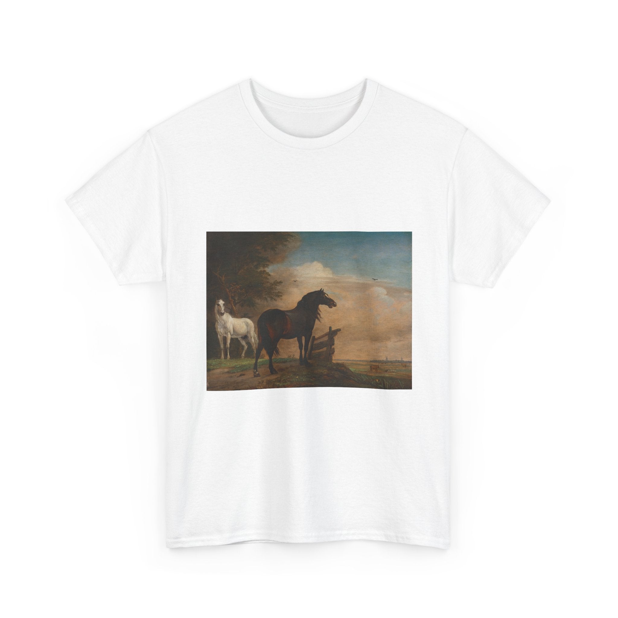 Art Tee – Two Horses in a Meadow near a Gate