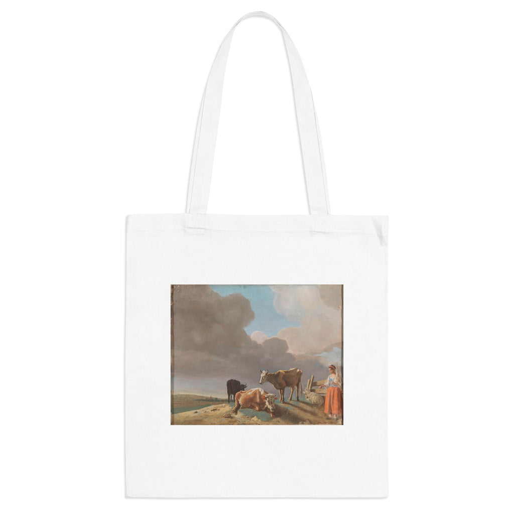 Art Tote Bag – Landschap met koeien, schapen en herderin, gewijzigde kopie naar een schilderij van Paulus Potter, de herderin gekopieerd van een schilderij van Karel Dujardin (recto); onvoltooid portret van een man (verso)