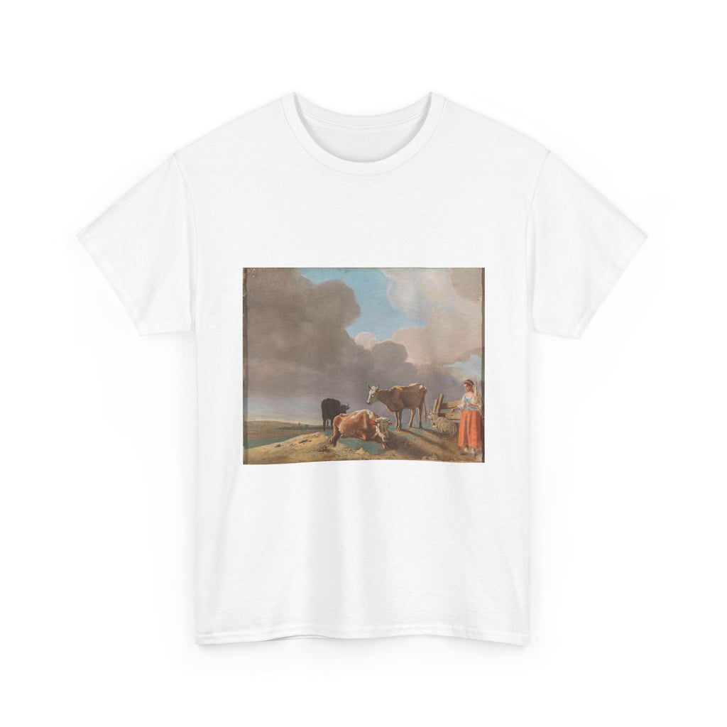 Art Tee – Landschap met koeien, schapen en herderin, gewijzigde kopie naar een schilderij van Paulus Potter, de herderin gekopieerd van een schilderij van Karel Dujardin (recto); onvoltooid portret van een man (verso)