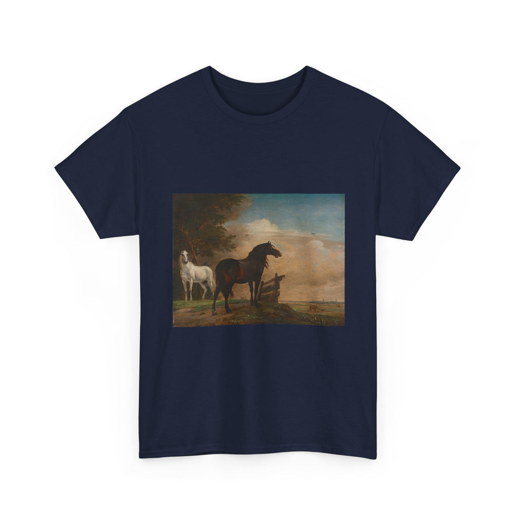 Art Tee – Two Horses in a Meadow near a Gate