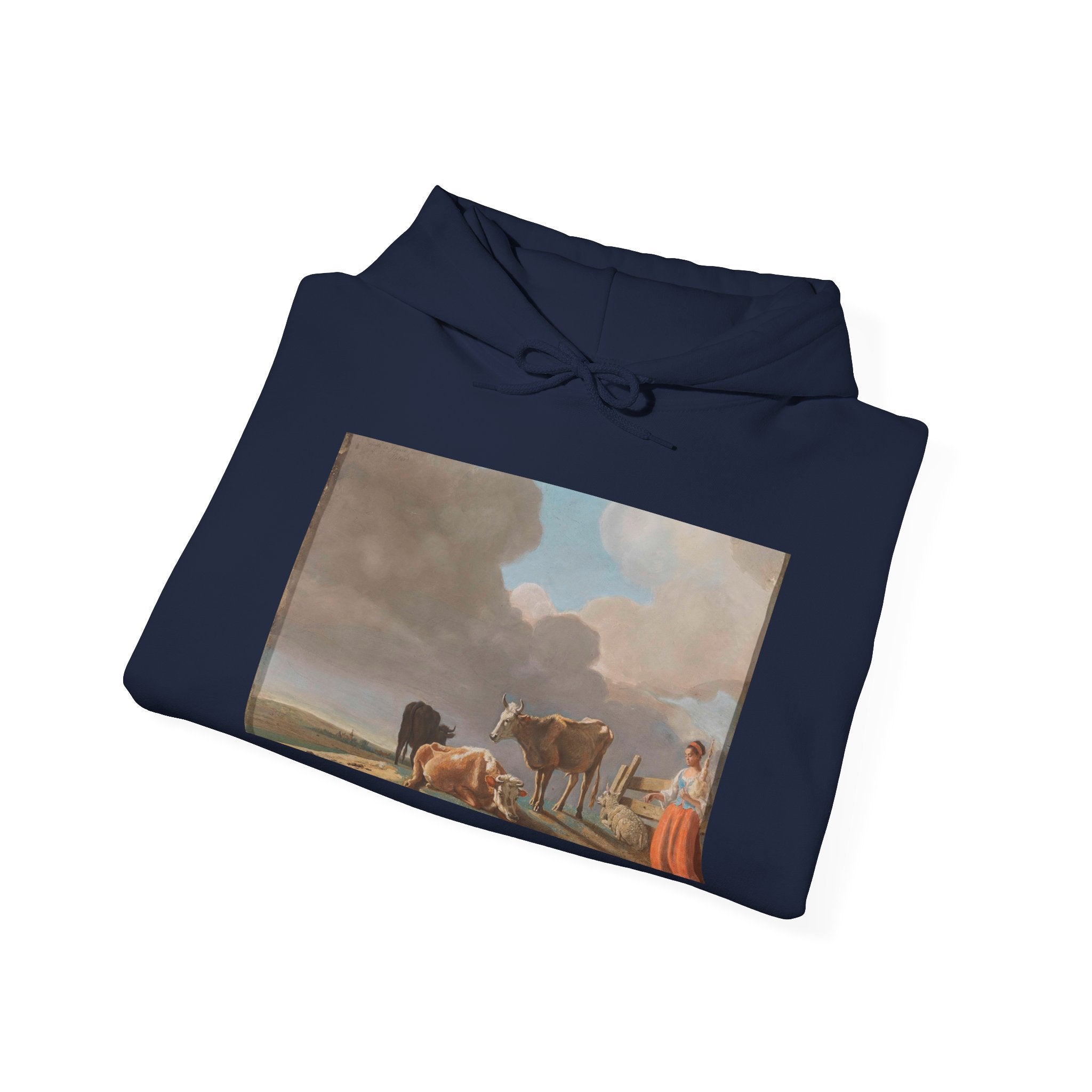 Art Hoodie – Landschap met koeien, schapen en herderin, gewijzigde kopie naar een schilderij van Paulus Potter, de herderin gekopieerd van een schilderij van Karel Dujardin (recto); onvoltooid portret van een man (verso)