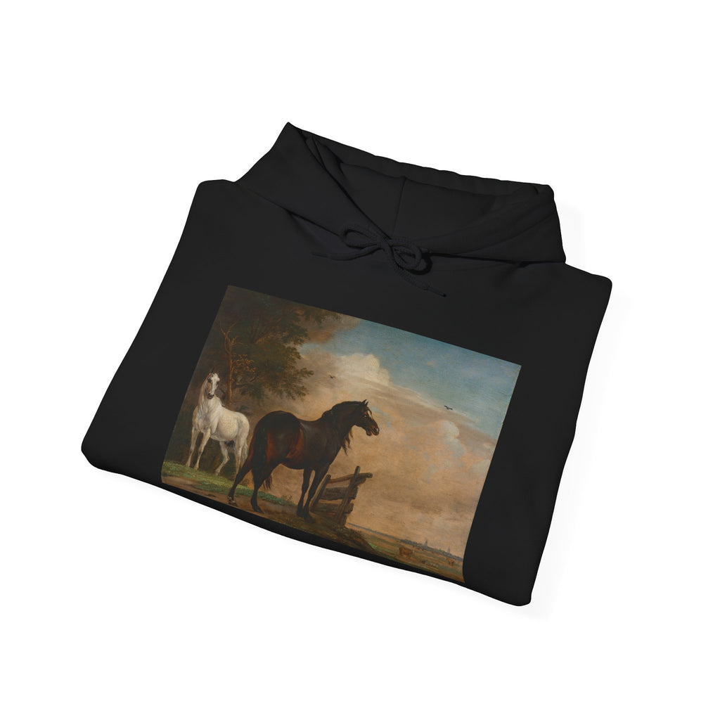 Art Hoodie – Two Horses in a Meadow near a Gate