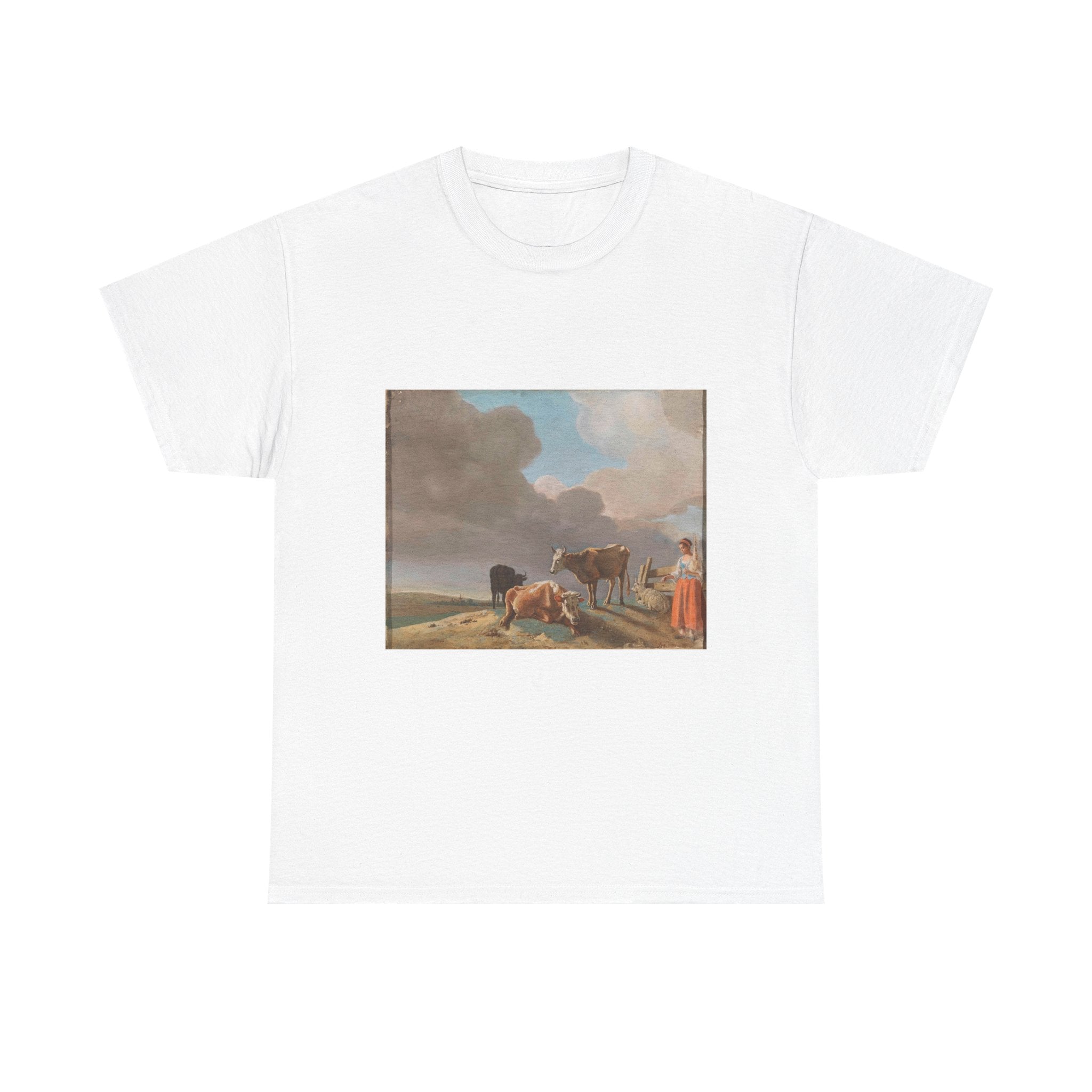 Art Tee – Landschap met koeien, schapen en herderin, gewijzigde kopie naar een schilderij van Paulus Potter, de herderin gekopieerd van een schilderij van Karel Dujardin (recto); onvoltooid portret van een man (verso)