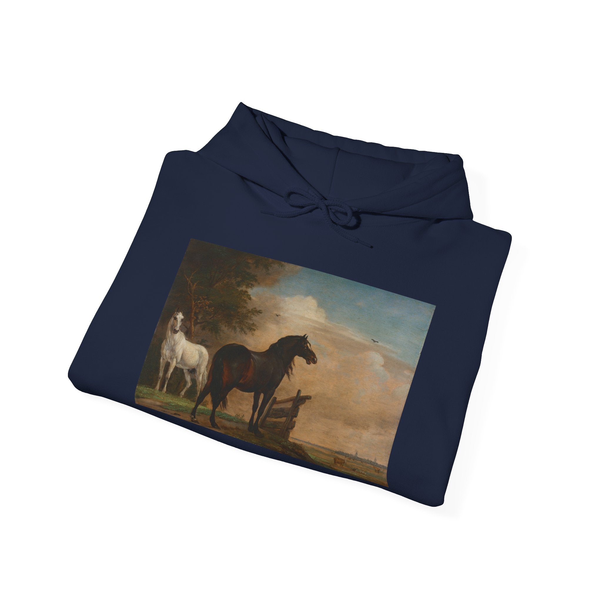 Art Hoodie – Two Horses in a Meadow near a Gate
