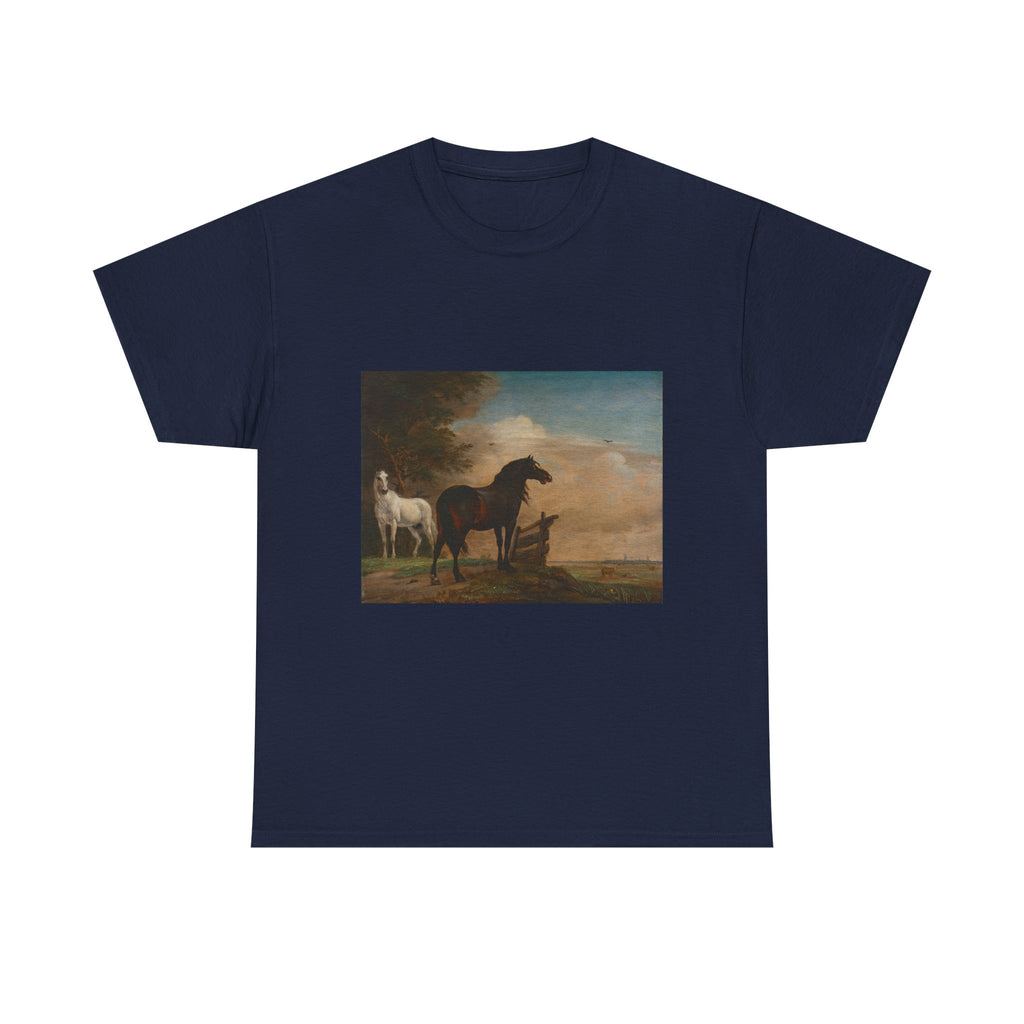 Art Tee – Two Horses in a Meadow near a Gate