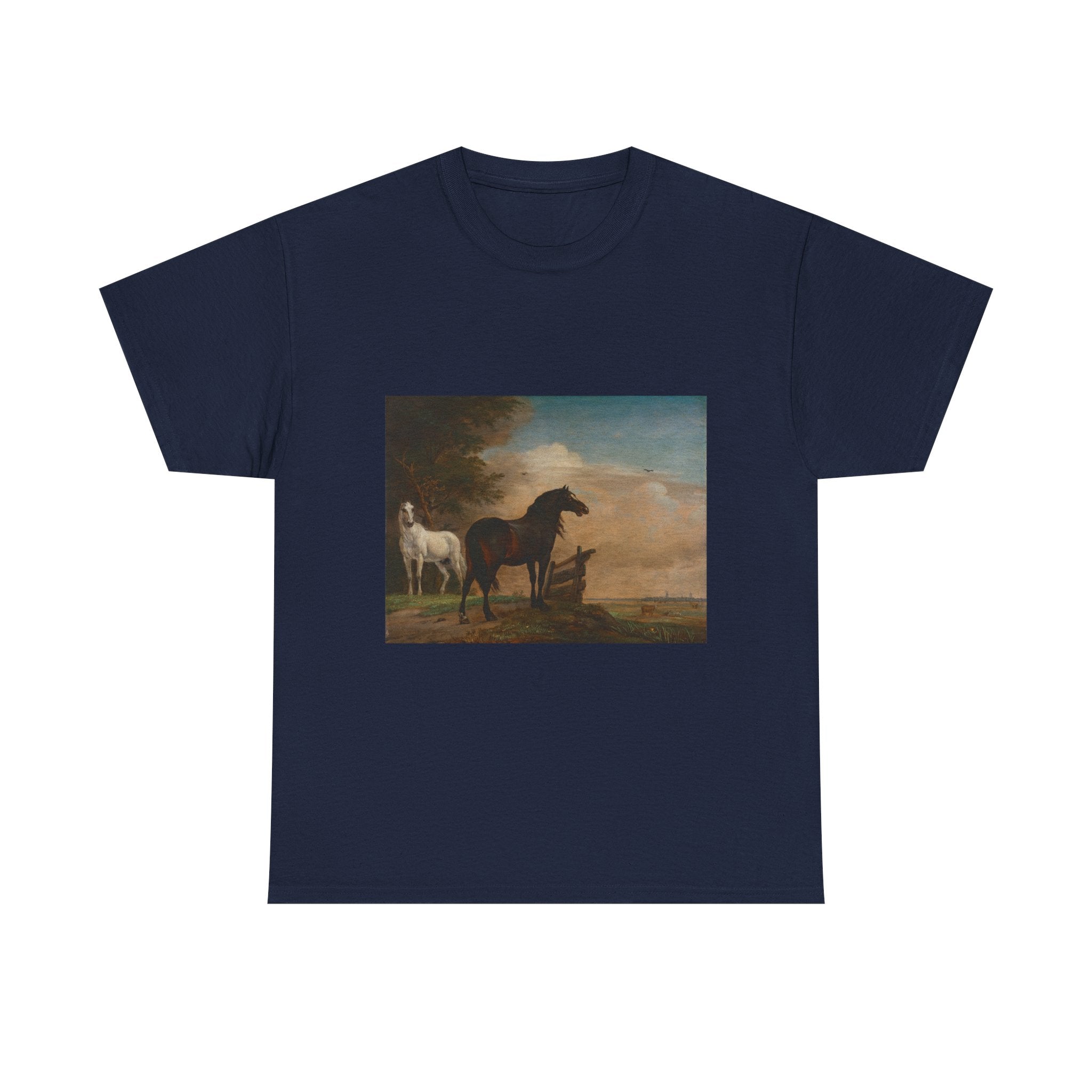 Art Tee – Two Horses in a Meadow near a Gate