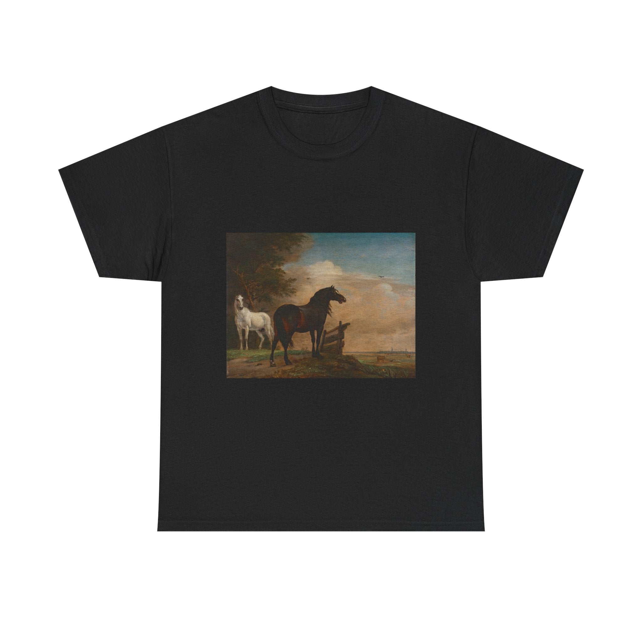 Art Tee – Two Horses in a Meadow near a Gate