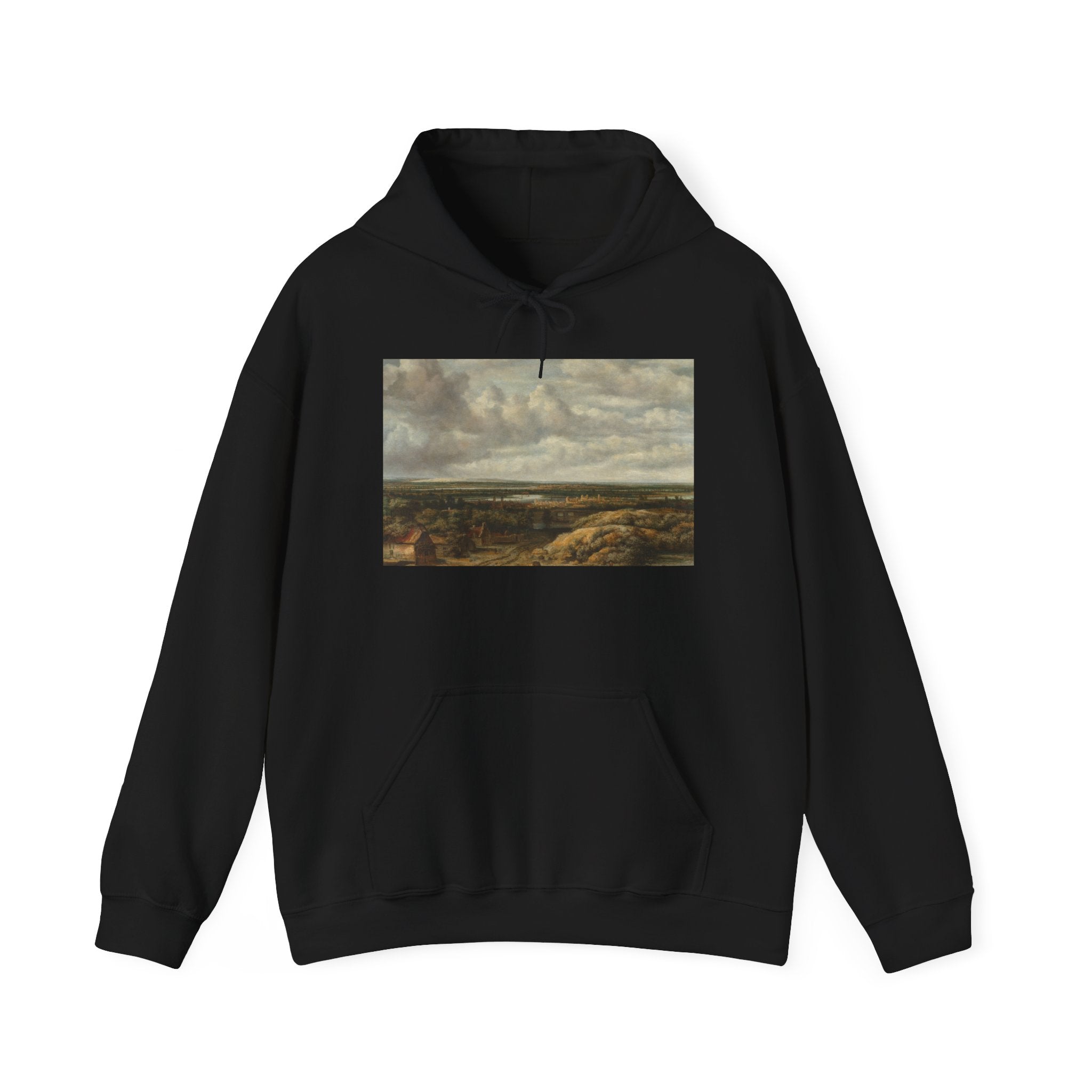 Art Hoodie – Distant View with Cottages along a Road