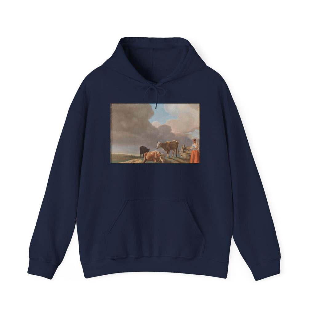 Art Hoodie – Landschap met koeien, schapen en herderin, gewijzigde kopie naar een schilderij van Paulus Potter, de herderin gekopieerd van een schilderij van Karel Dujardin (recto); onvoltooid portret van een man (verso)