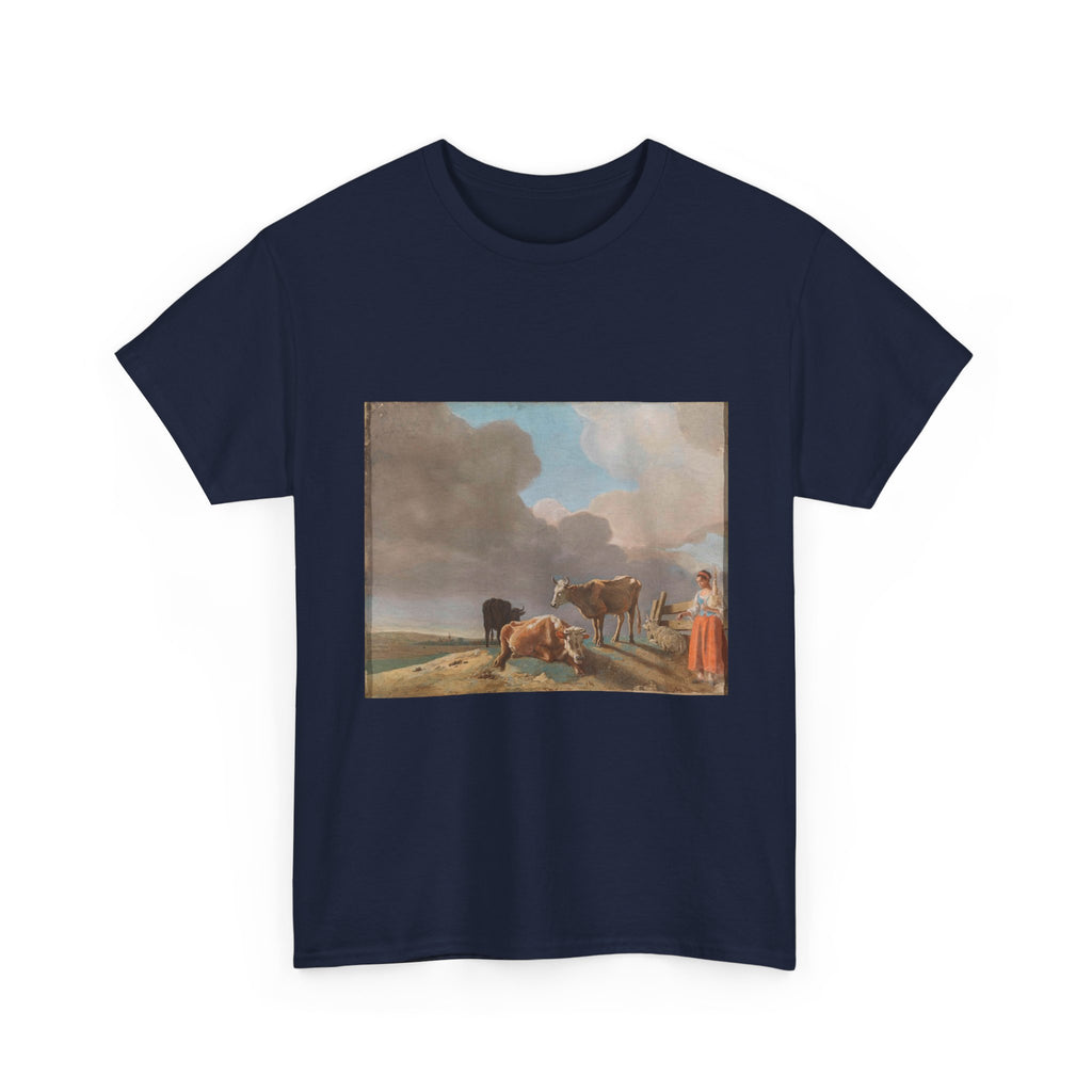 Art Tee – Landschap met koeien, schapen en herderin, gewijzigde kopie naar een schilderij van Paulus Potter, de herderin gekopieerd van een schilderij van Karel Dujardin (recto); onvoltooid portret van een man (verso)