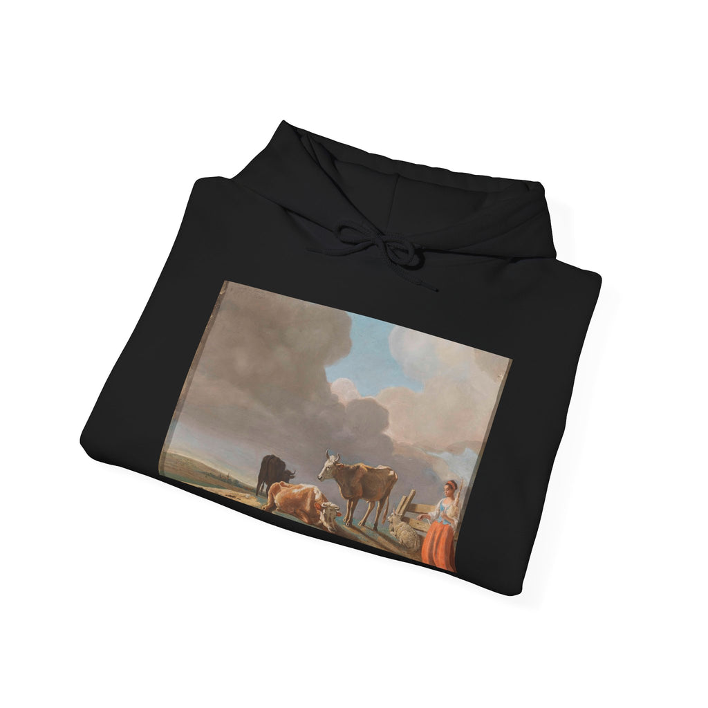 Art Hoodie – Landschap met koeien, schapen en herderin, gewijzigde kopie naar een schilderij van Paulus Potter, de herderin gekopieerd van een schilderij van Karel Dujardin (recto); onvoltooid portret van een man (verso)