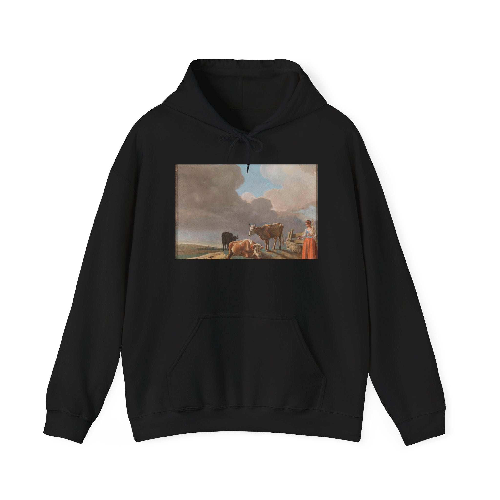 Art Hoodie – Landschap met koeien, schapen en herderin, gewijzigde kopie naar een schilderij van Paulus Potter, de herderin gekopieerd van een schilderij van Karel Dujardin (recto); onvoltooid portret van een man (verso)