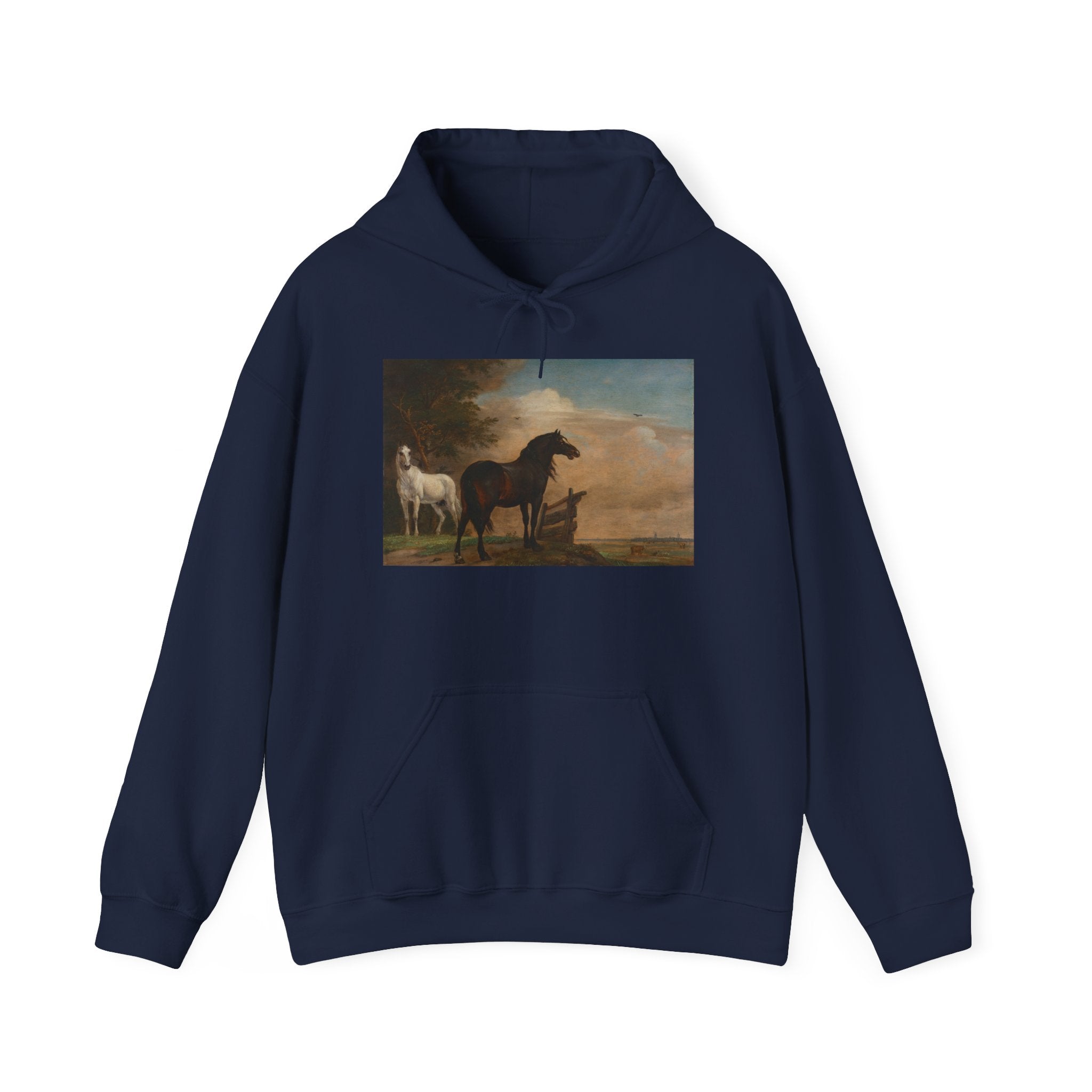 Art Hoodie – Two Horses in a Meadow near a Gate