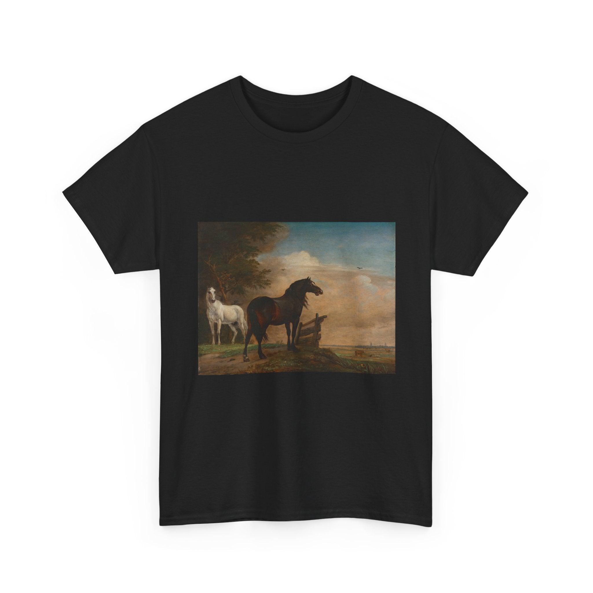 Art Tee – Two Horses in a Meadow near a Gate