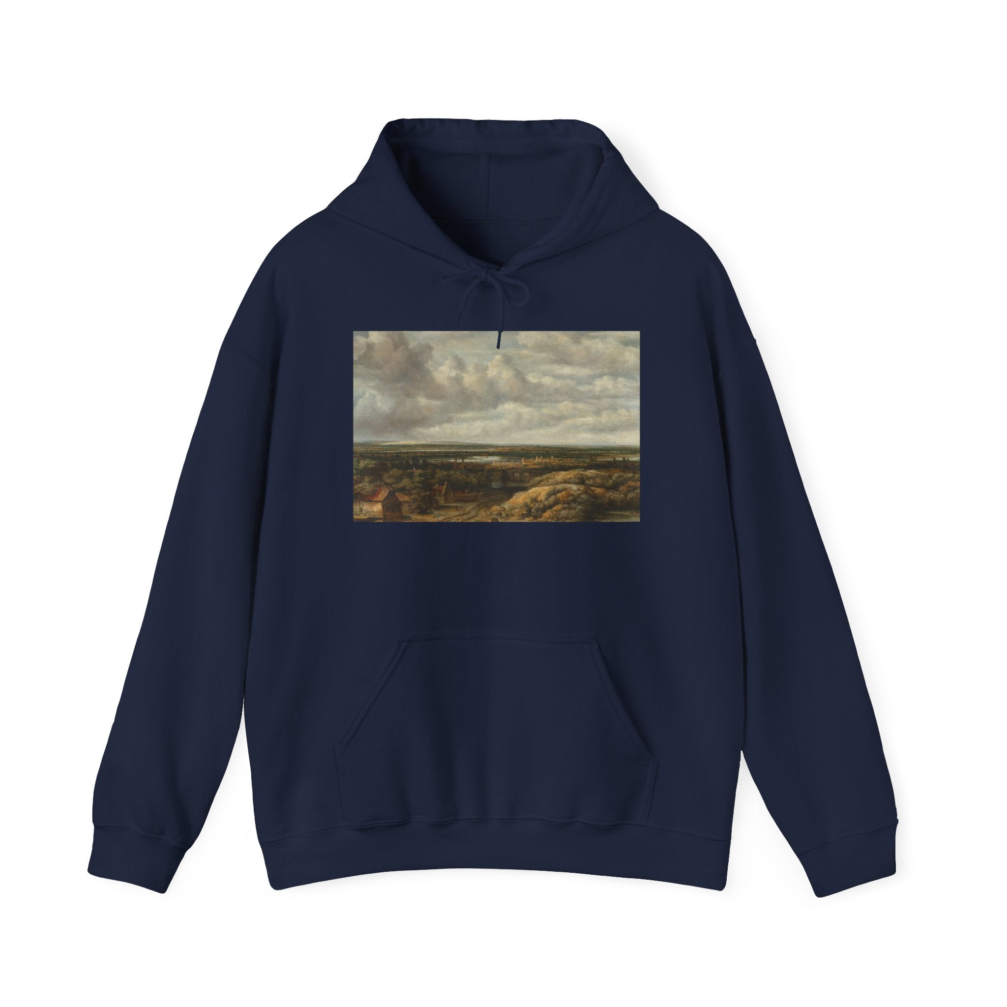 Art Hoodie – Distant View with Cottages along a Road